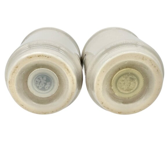Vintage Art Deco Ceramic Salt and Pepper Shakers Gray w Black Stripes Lettering - Picture 4 of 6